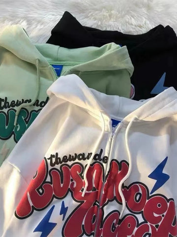 Getadme-American Retro Zip Up Graphic Hoodies Women Streetwear Loose Letter Printed Hooded Sweatshirts Hiphop Thin Top